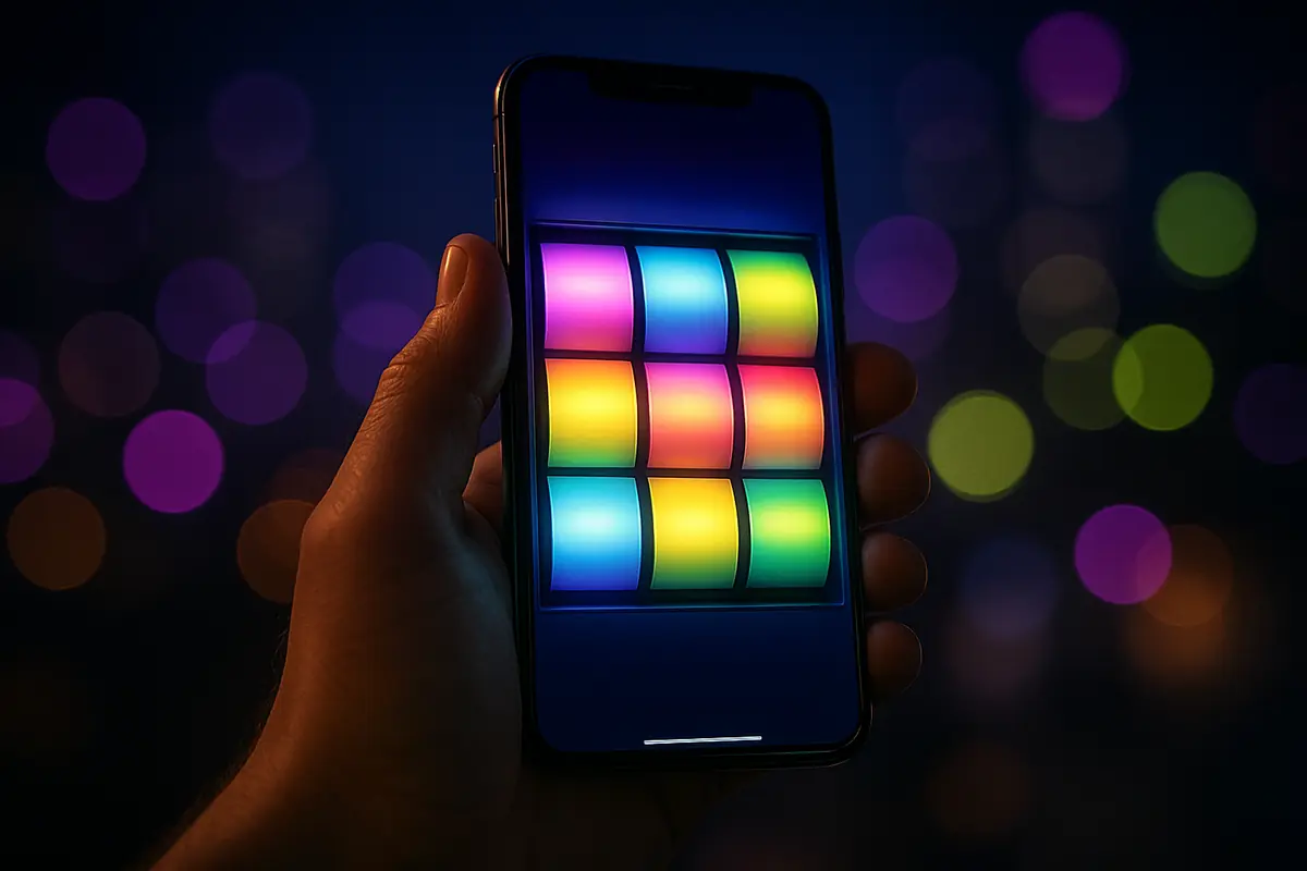 Hand holding a phone with a slot game at night